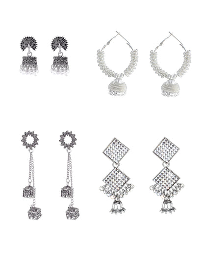 Pack of 4 Silver Plated Artificial Stones Studded Jhumka Earrings