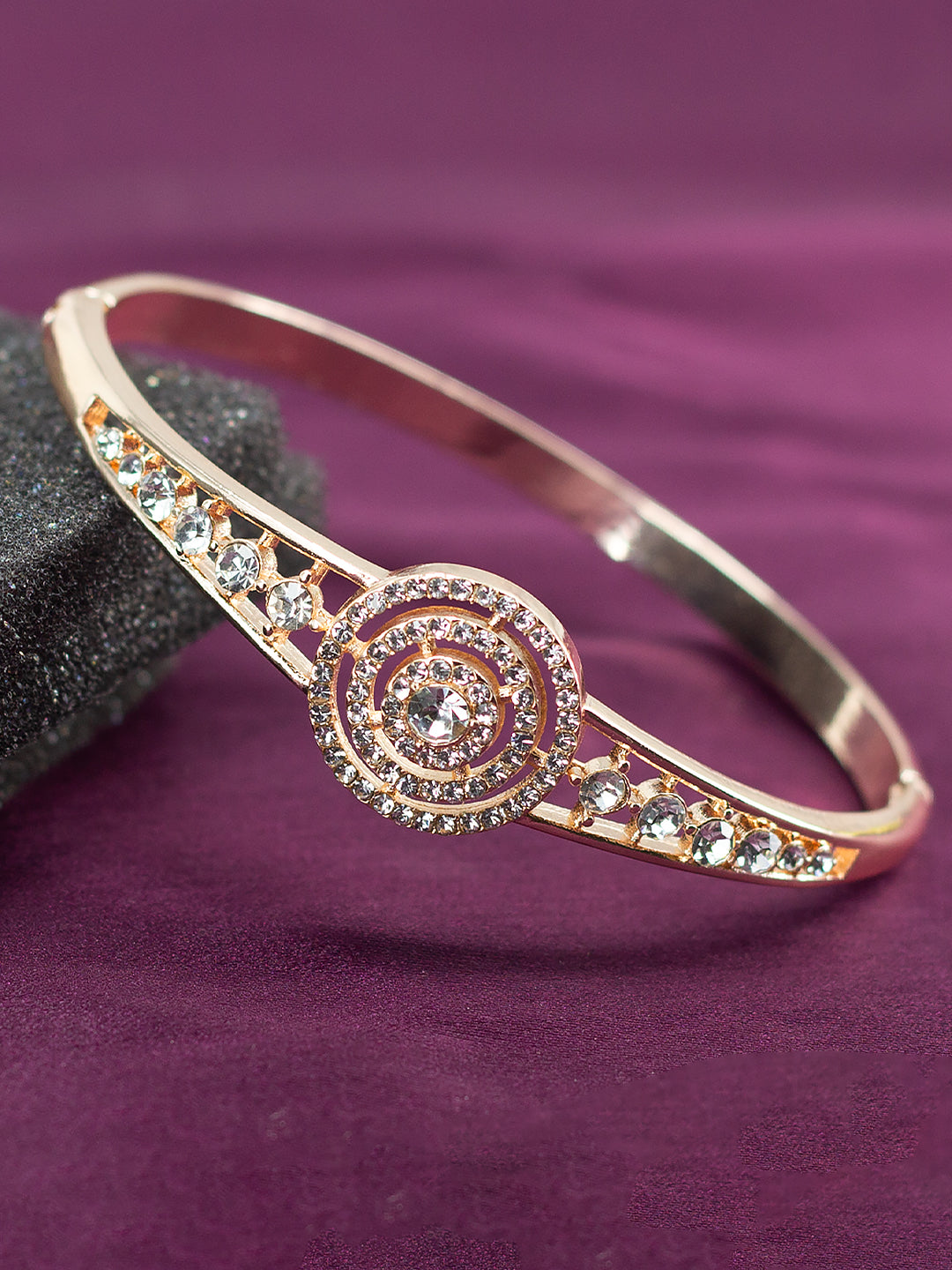 Rose Gold Plated Circular American Diamond Studded Stainless Steel Bracelet