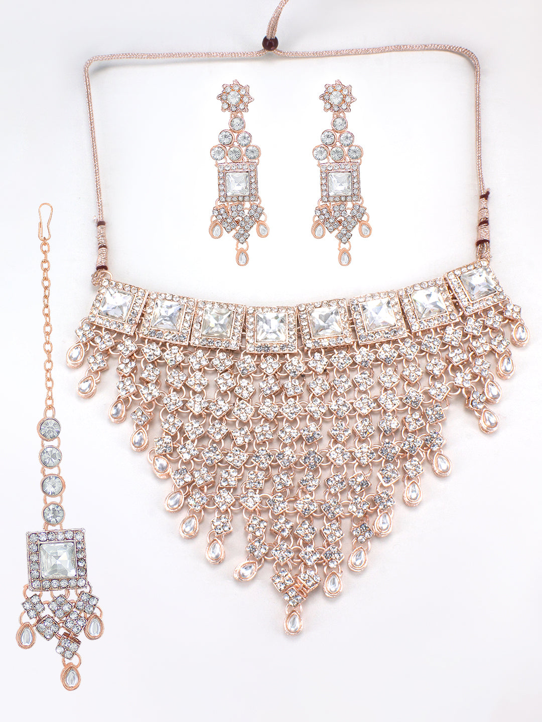 Rose Gold Plated Cubic Zirconia Studded Statement Jewellery Set With Maangtika