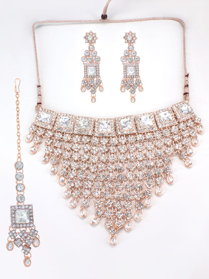 Rose Gold Plated Cubic Zirconia Studded Statement Jewellery Set With Maangtika