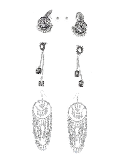 Pack of 3 Silver Oxidised Jhumka & Drop Earrings