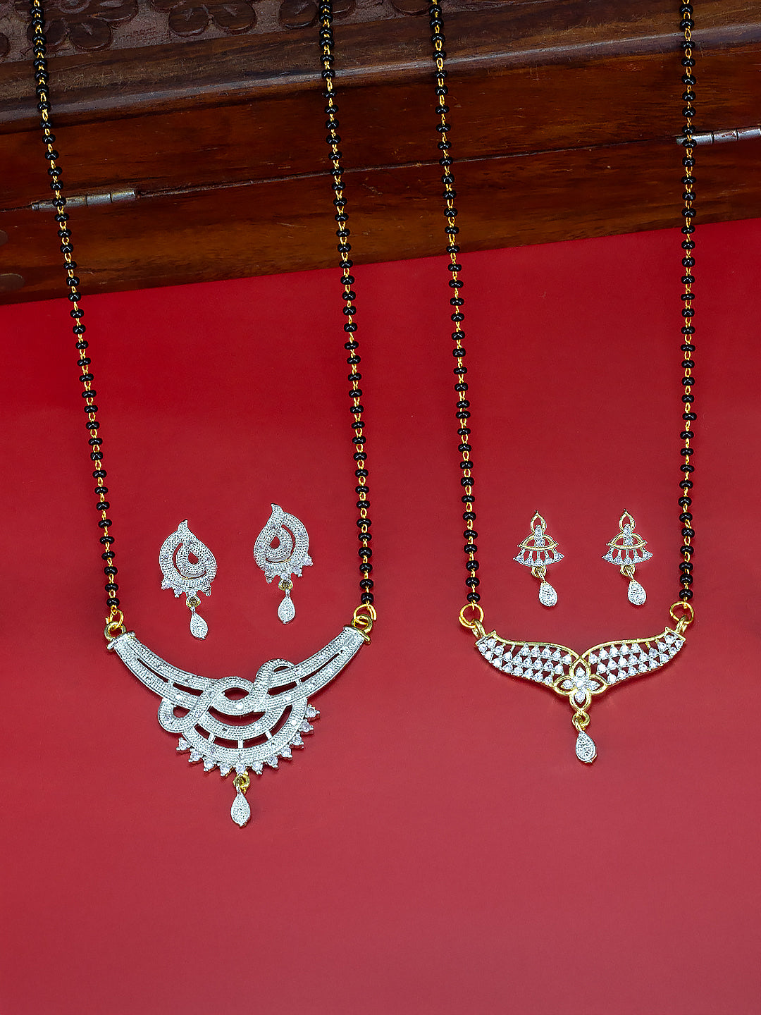 Set Of Two Gold Plated American Diamond Mangalsutra & Earrings