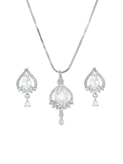 Rhodium Plated Teardrop American Diamond Studded Trendy Pendant Set