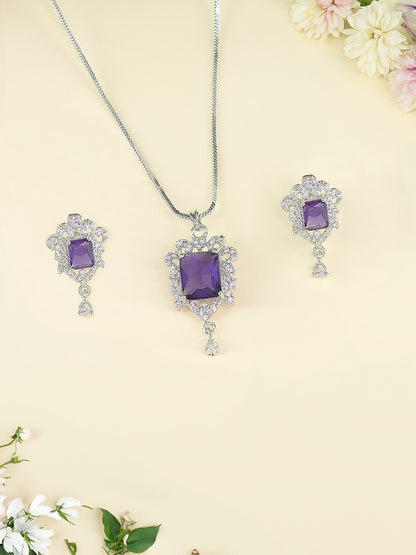 Rhodium Plated Purple American Diamond Studded Pendant Set