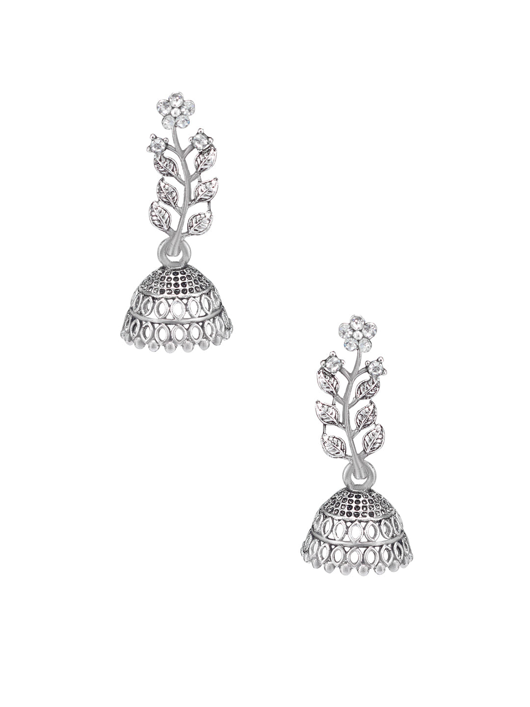 Silver Oxidised Leaf Shaped Stone Studded Jhumki Earrings