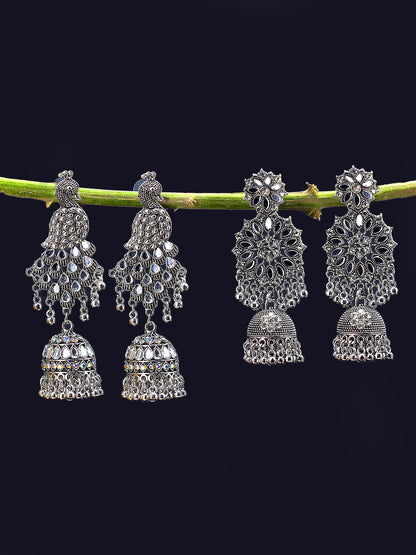 Pack Of 2 Silver-Oxidised Peacock Shaped Artificial Stones Studded Jhumkas