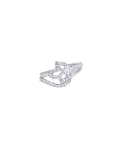 Rhodium Plated Floral American Diamond Adjustable Finger Ring