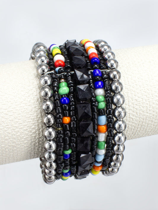 Black & Silver Plated Multicolor Beaded Cuff Designer Bracelet