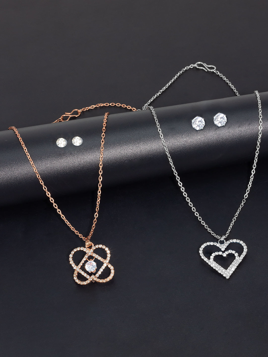 Pack of 2 Rose Gold & Silver Plated Pendant & Earrings Set Gift For Girls