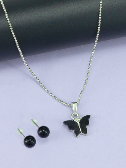 Silver Plated Black Butterfly Pendant & Studs Set