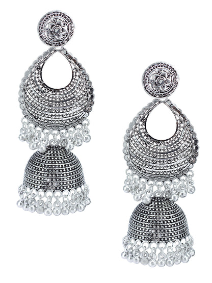 Silver Oxidised Artificial Beads Jhumka Earrings