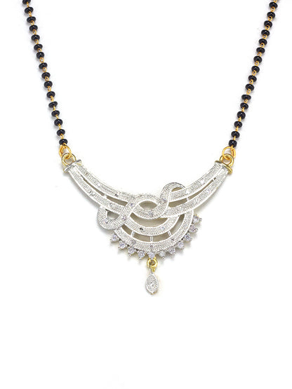 Gold Plated American Diamond & Black Beaded Mangalsutra With Earrings