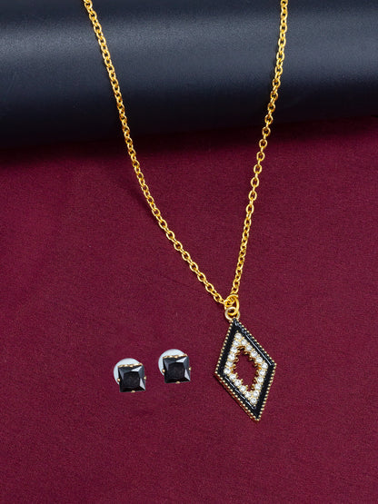 Gold Plated & Black Rhombus Shaped Pendant & Studs Set