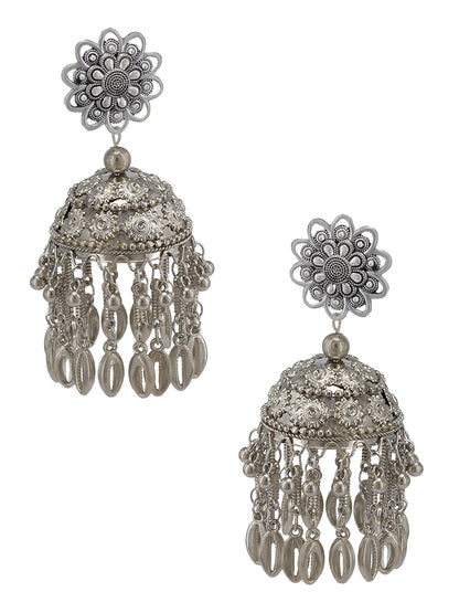 Silver Oxidised Floral Jhumka Earrings