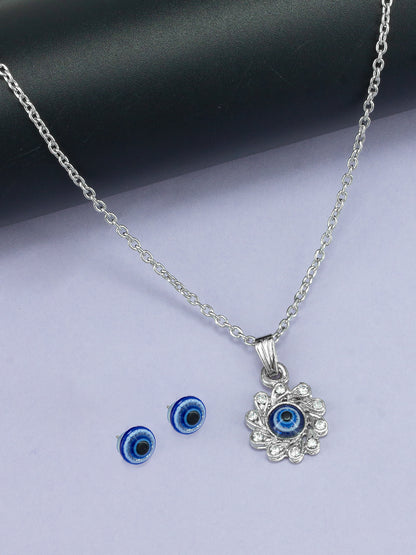 Silver Plated Evil Eye Shaped Pendant & Studs Set