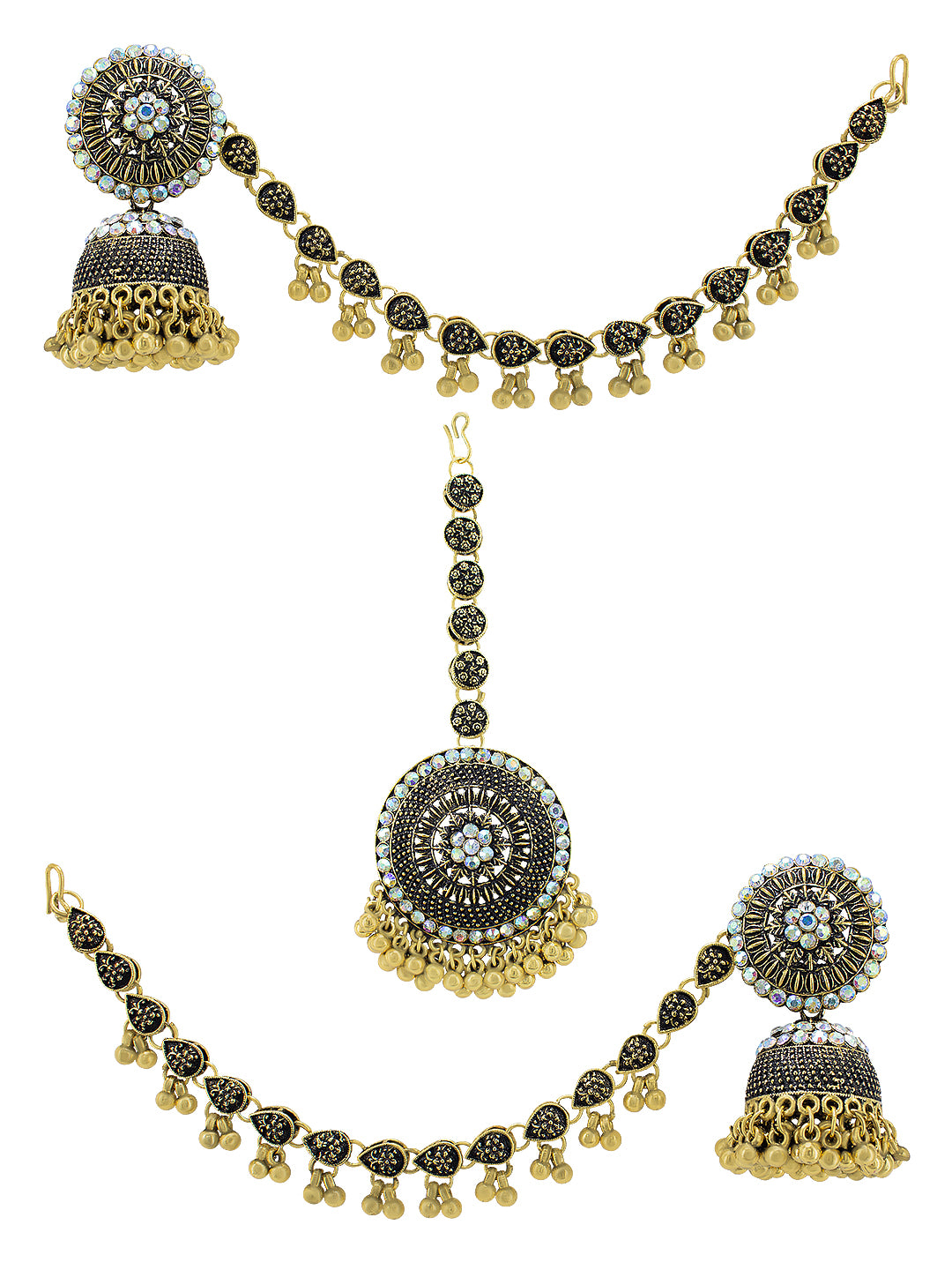 Silver Oxidised Gold Color Beaded Jhumka Chain Earrings With Mang Tika