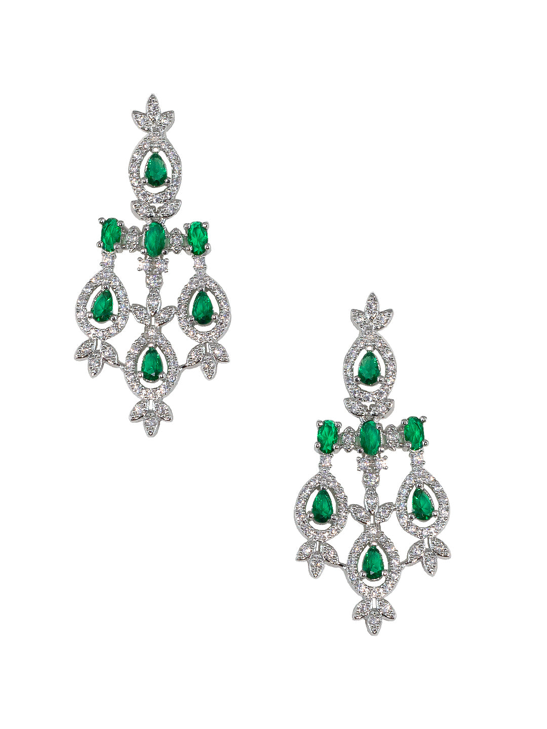 Rhodium Plated American Diamond Studded Green Jewellery Set