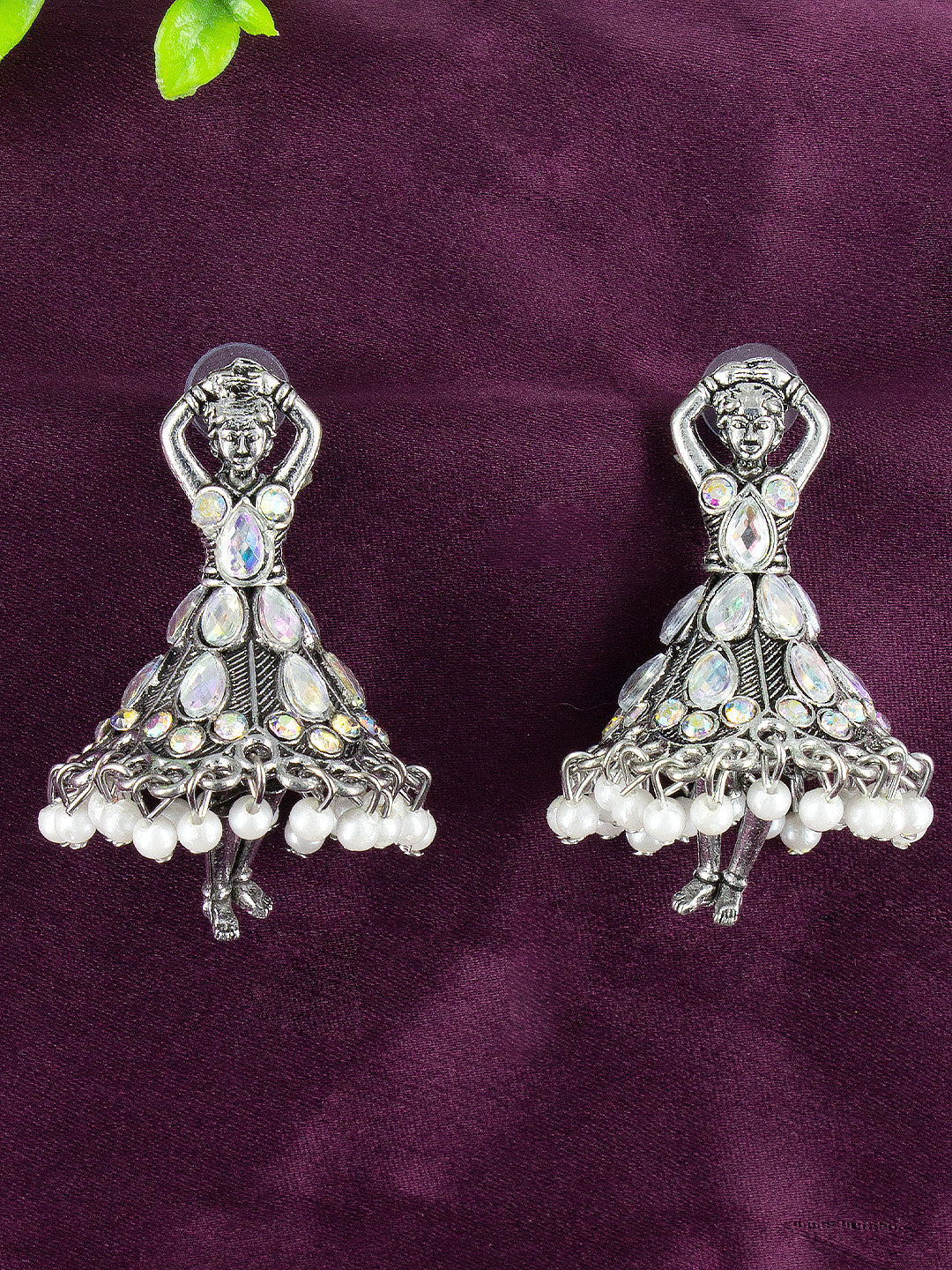 Silver Oxidised Artificial Stones & Beads Studded Jhumka Earrings