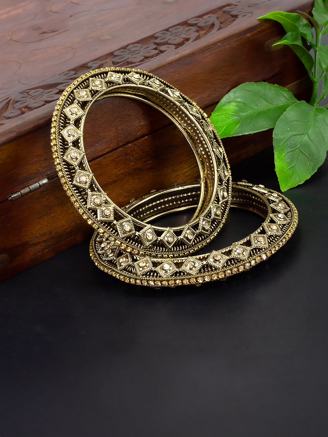 Set Of 2 Brass-Plated Stone-Studded Antique Bangles