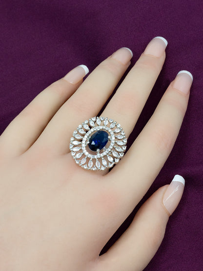 Rhodium Plated Blue American Diamond Oval Shaped Adjustable Finger Ring