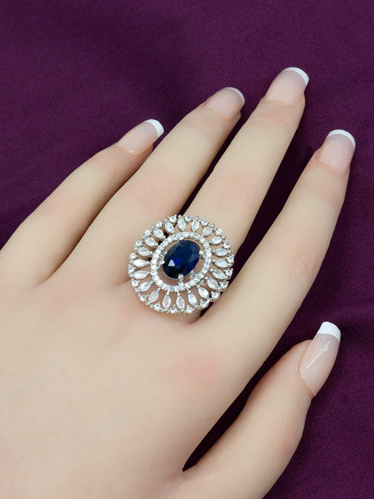 Rhodium Plated Blue American Diamond Oval Shaped Adjustable Finger Ring