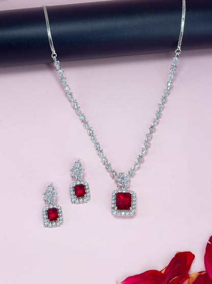 Rhodium Plated Red Square American Diamond Jewellery Set