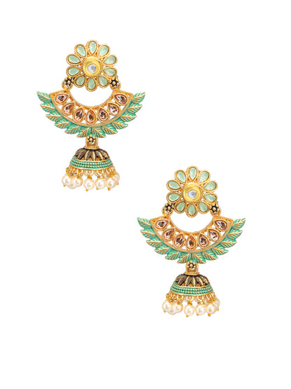 Gold Plated Green Floral Jhumka Earrings