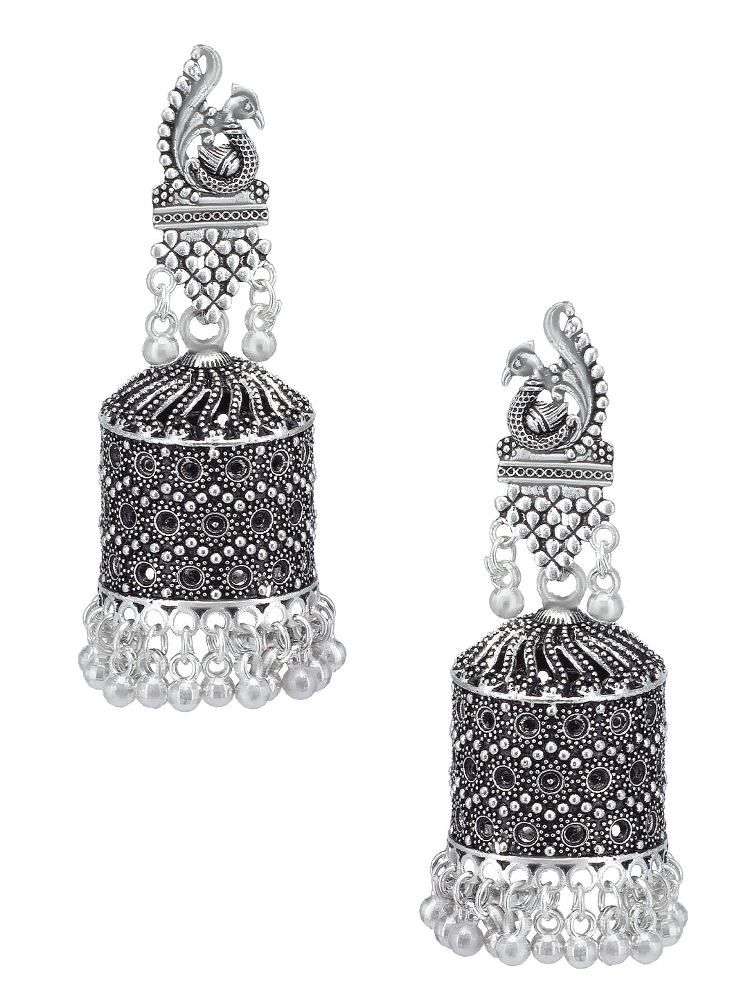 Silver Oxidised Peacock Jhumka Earrings