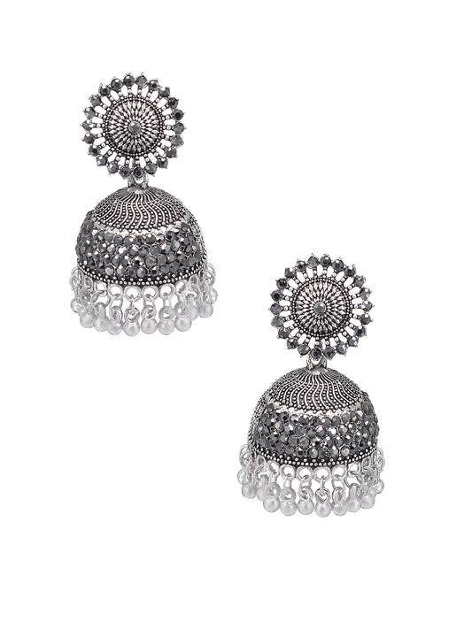 Silver Oxidised Circular Jhumka Earrings For Women