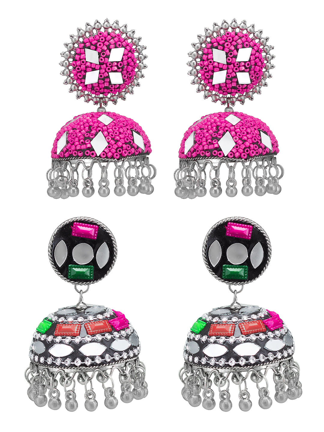 Pack of 2 Silver-Plated Dome Shaped Artificial Stones and Beads Jhumkas