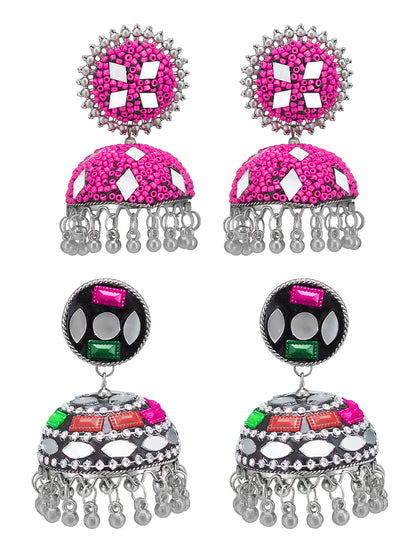 Pack of 2 Silver-Plated Dome Shaped Artificial Stones and Beads Jhumkas