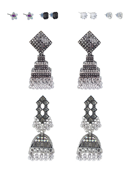 Pack of 6 Silver Oxidised Jhumka and Studs Earrings