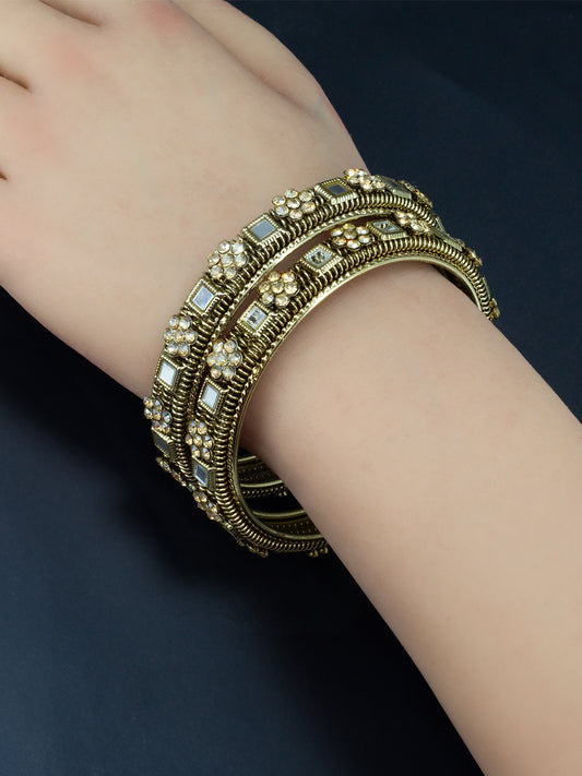 Set Of 2 Gold-Plated Mirror & Stones Studded Bangles