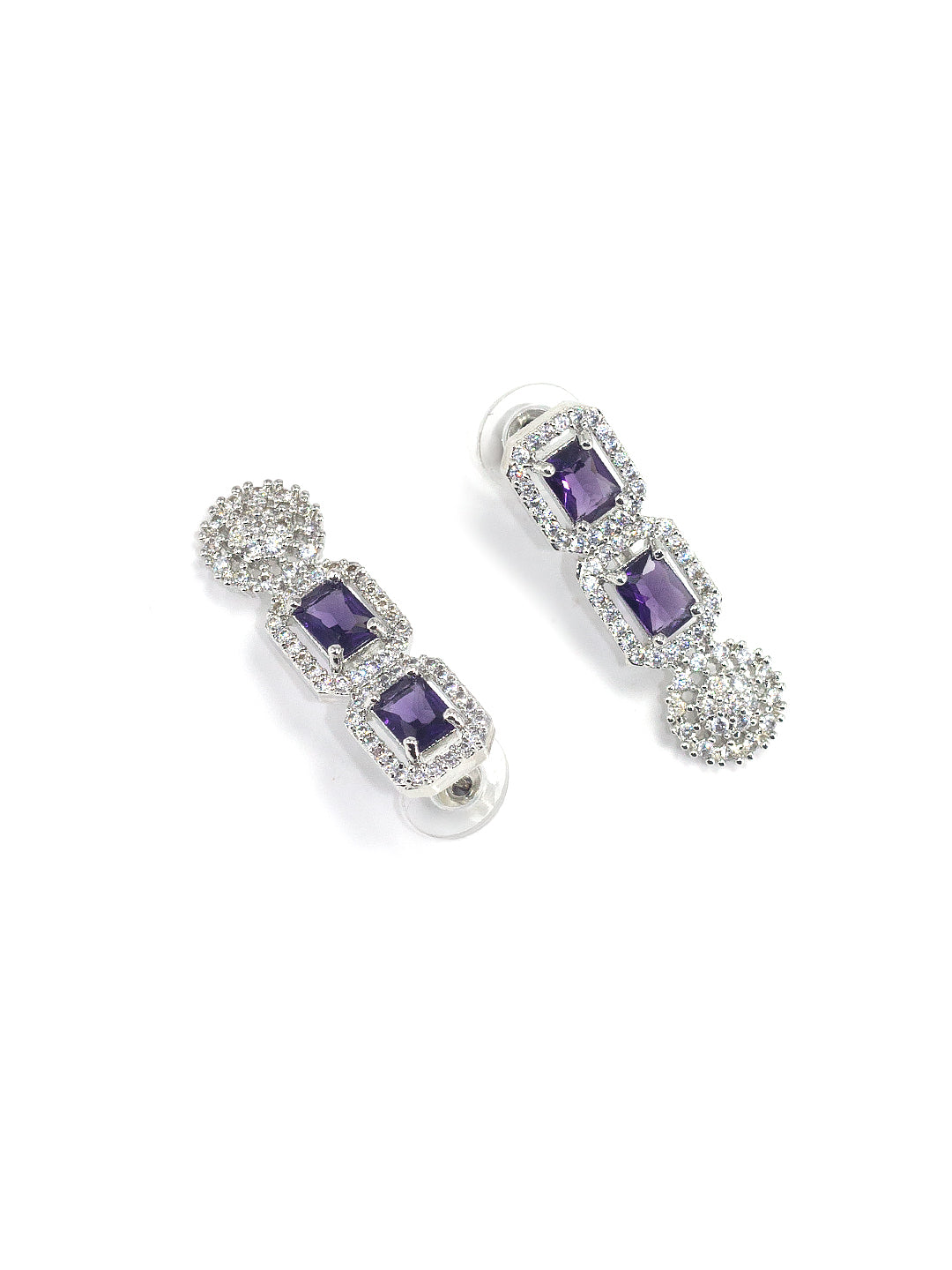 Rhodium Plated Floral Purple AD Trendy Drop Earrings