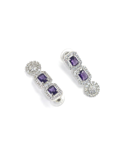 Rhodium Plated Floral Purple AD Trendy Drop Earrings