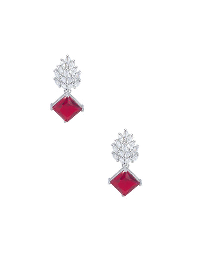 Rhodium Plated Red American Diamond Drop Earrings