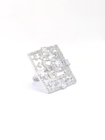 Rhodium Plated Square Cocktail American Diamond Adjustable Finger Ring