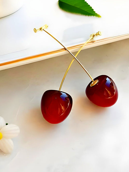 Gold Plated Red Cherry Drop Earrings