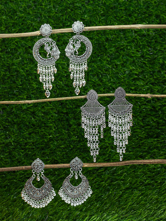 Pack Of 3 Silver-Oxidised Contemporary Artificial Stones Studded Jhumkas