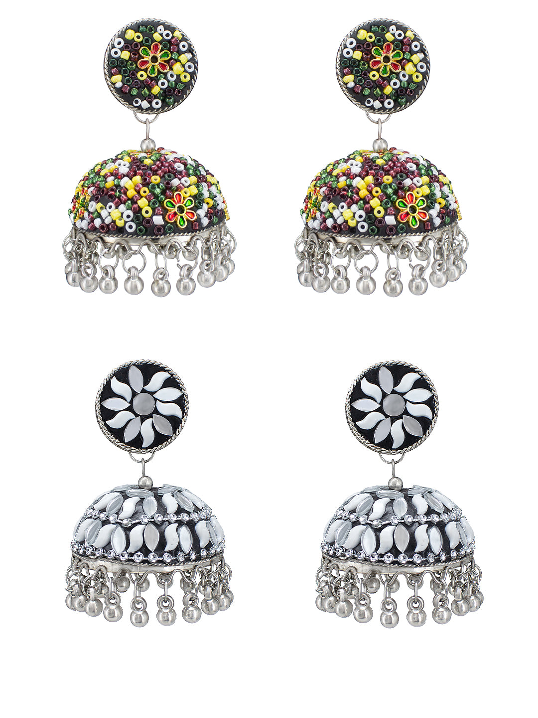 Pack of 2 Silver-Plated Dome Shaped Artificial Stones and Beads Jhumkas