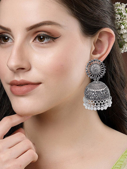 Silver Oxidised Circular Jhumka Earrings For Women