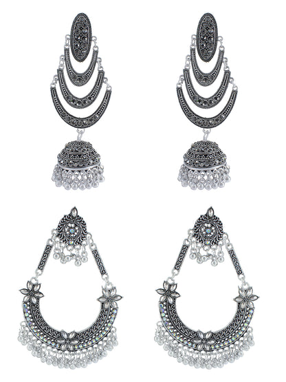 Pack Of 2 Silver Oxidised Crescent Shaped Jhumka Earrings