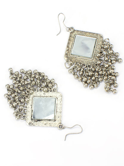 Silver Oxidised Mirror Studded Square Earrings