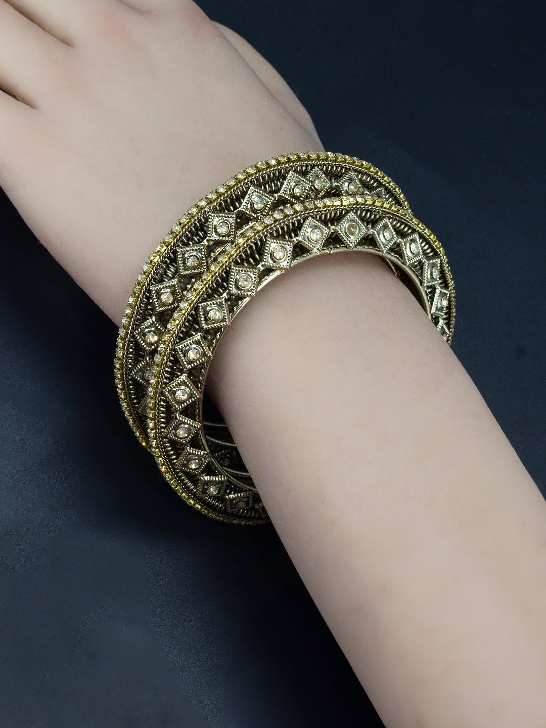 Set Of 2 Brass-Plated Stone-Studded Antique Bangles