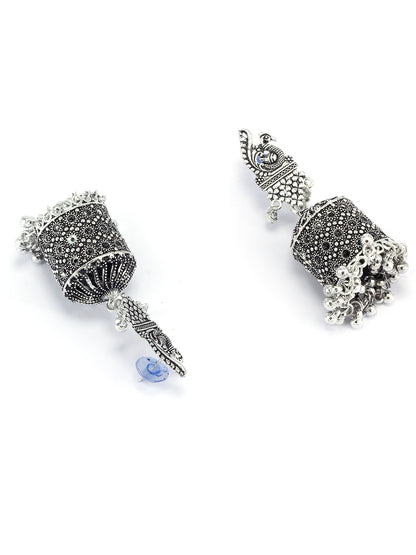 Silver Oxidised Peacock Jhumka Earrings