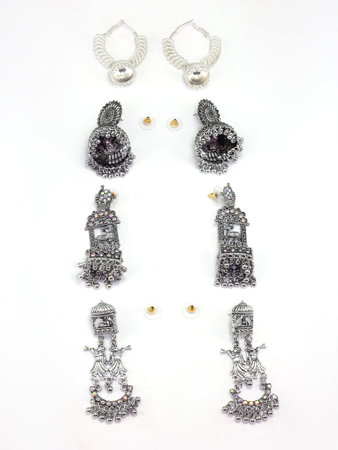 Pack of 4 Silver Plated Artificial Stones Studded Jhumka & Hoop Earrings