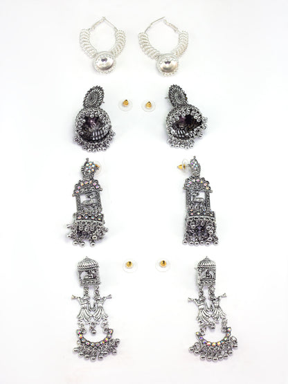 Pack of 4 Silver Plated Artificial Stones Studded Jhumka & Hoop Earrings