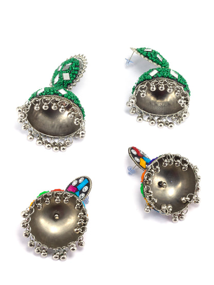 Pack of 2 Silver-Plated Stones Studded and Beaded Dome Shaped Jhumkas