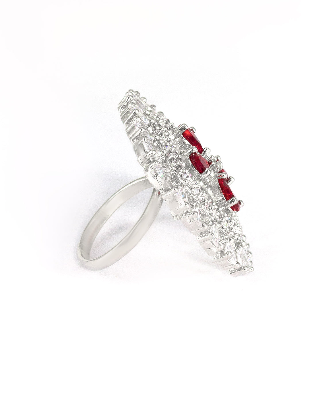 Rhodium Plated Red American Diamond Square Adjustable Finger Ring