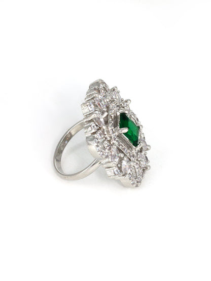 Rhodium Plated Green American Diamond Vintage Adjustable Finger Ring